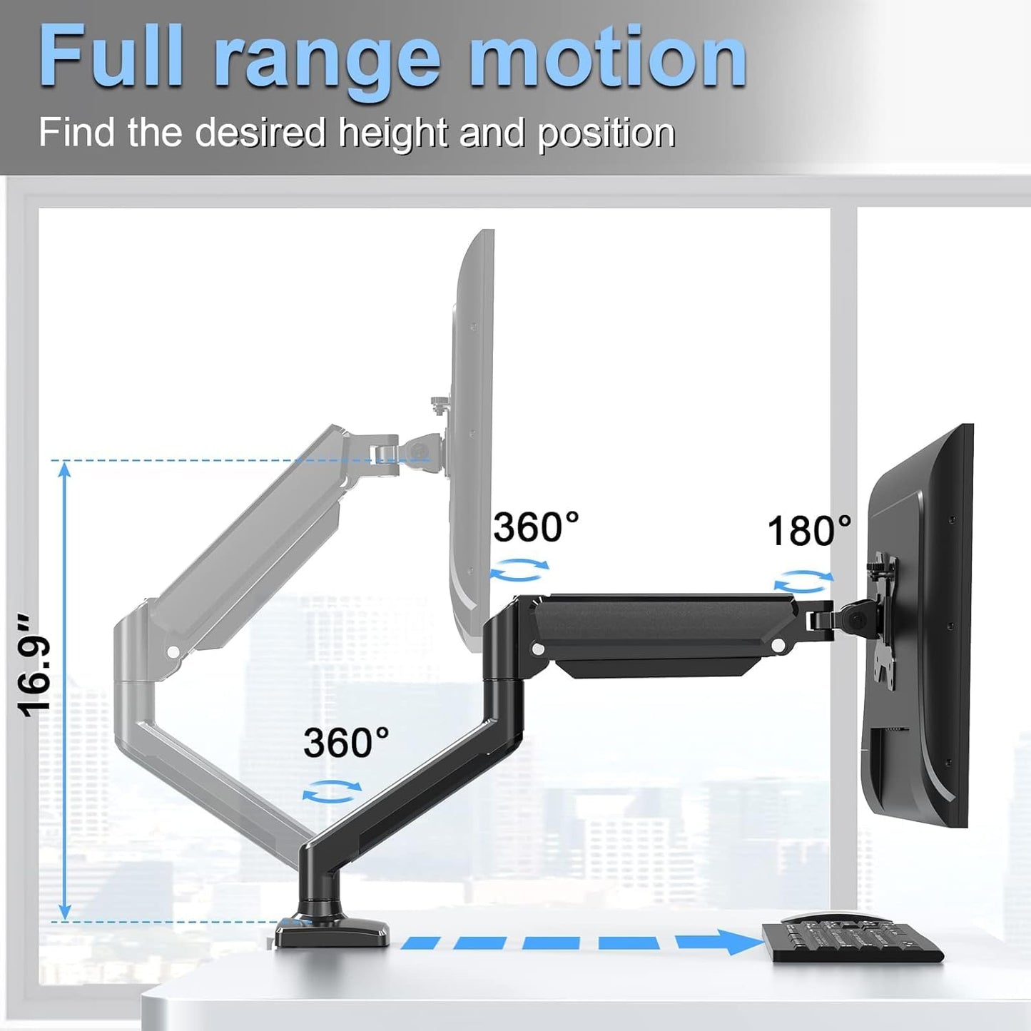 TOXIYA Monitor Stand, Adjustable Dual Monitor Desk Mount for 13-32 Inch Screens, Full Motion VESA Mount with C Clamp, Grommet Base, Tilt, Swivel, Rotation