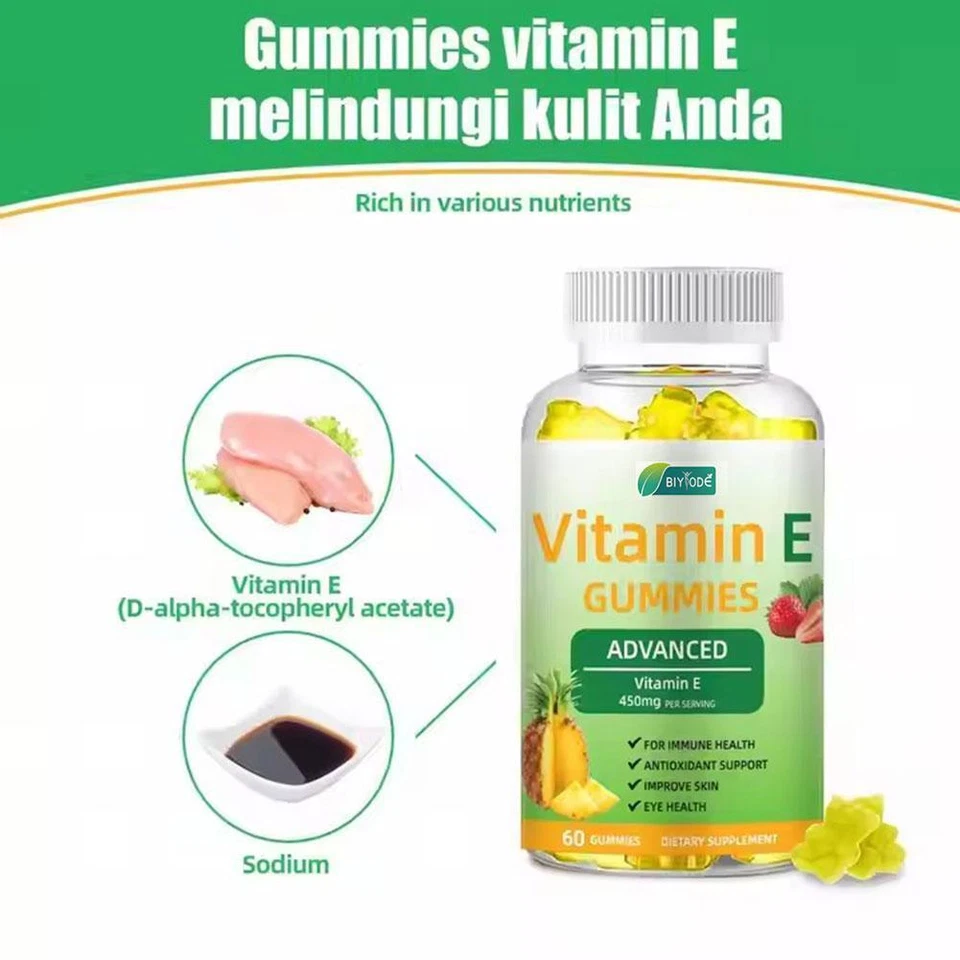 BIYODE Pineapple Flavor Vitamin E Gummies, 450 mg per serving, Immunity Enhancement, Antioxidant Support, Skin Improvement, 60 Gummies