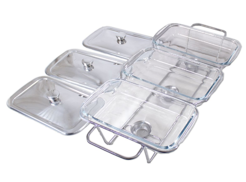 1.5L x 3 Glass Pan Chafing Dish with Metal Frame Lids and Silicon Utensils