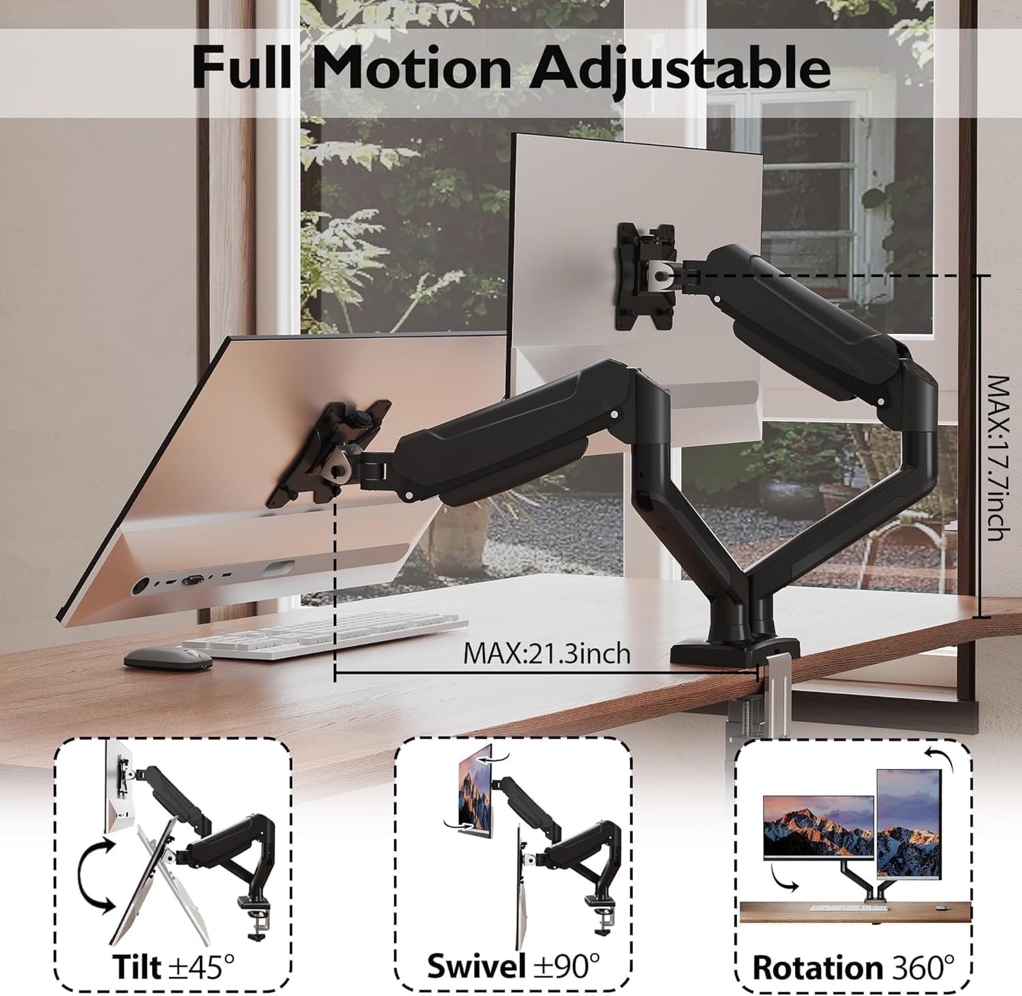 TOXIYA Monitor Stand, Adjustable Dual Monitor Desk Mount for 13-32 Inch Screens, Full Motion VESA Mount with C Clamp, Grommet Base, Tilt, Swivel, Rotation