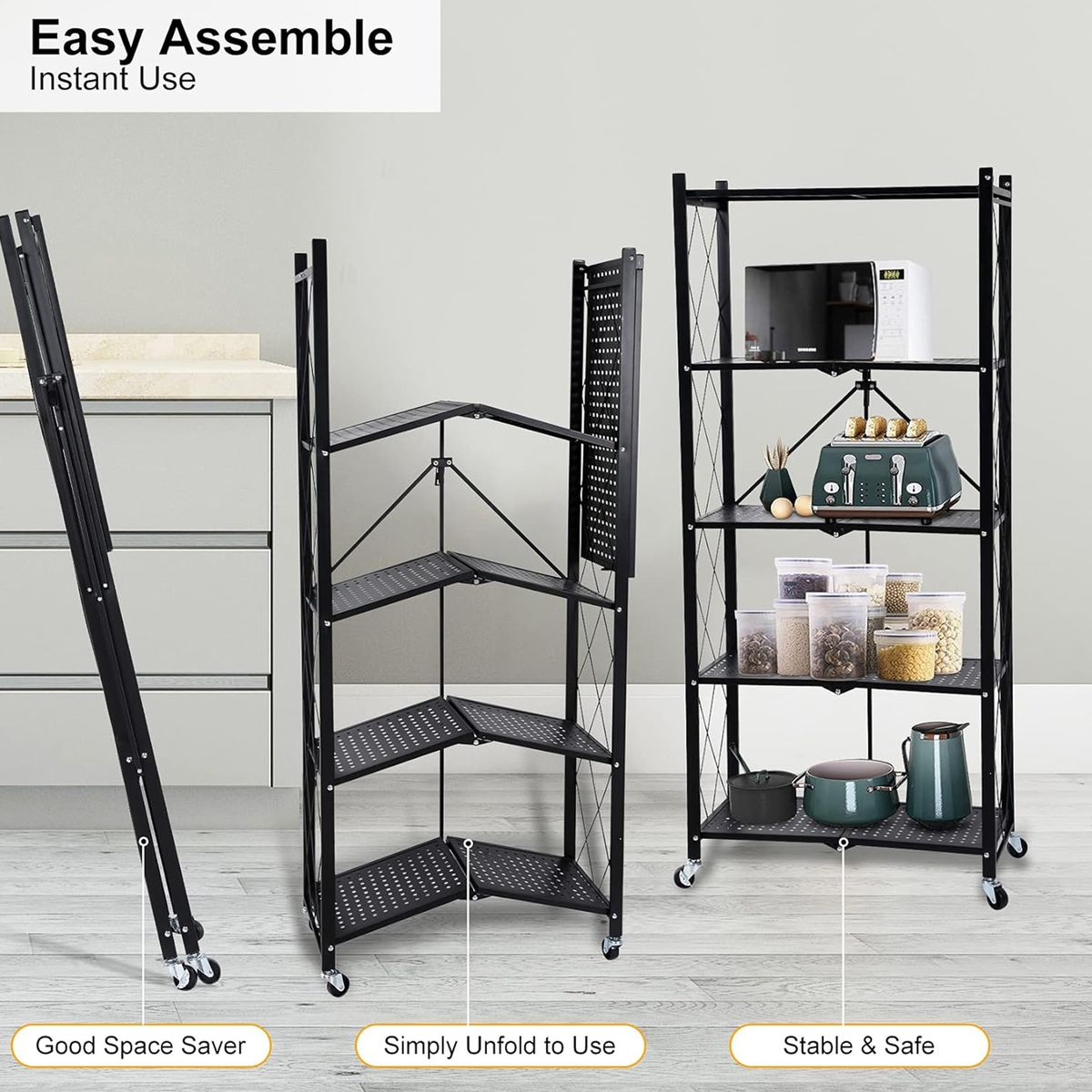 Multi Tier Foldable Storage Rack Tier Folding Kitchen Rack Unit with Wheel - Five Layers