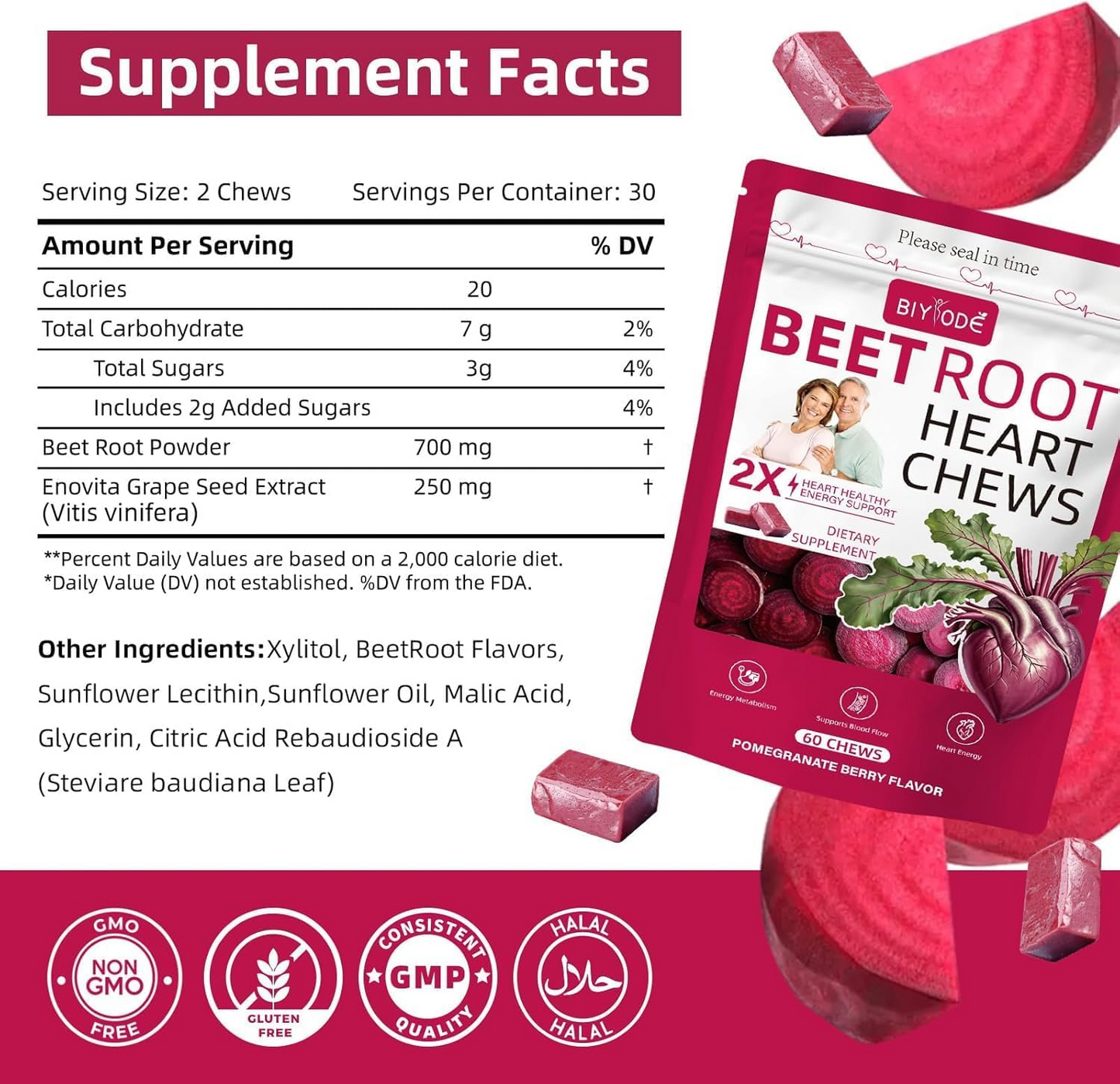 BIYODE Beet Root Chews Supplement: 700mg Beet Root Powder 250mg Grape Seed Extract Heart Healthy Support Blood Nitric Oxide Support Antioxidant Pomegranate Berry Flavor Low Sugar Non-GMO 60 Chews