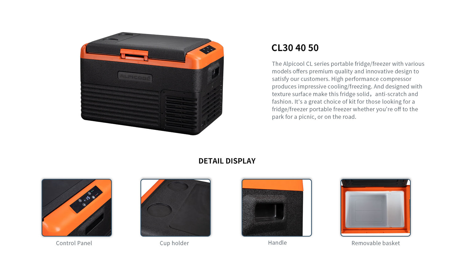 Alpicool Portable Car Freezer, 12 Volt Refrigerator,30L/ 40L/50L Fast Cooling 12V Car Fridge, Car Cooler for RV, Truck, Camping, Outdoor -12/24V DC and 100-240V AC (Black & Orange)