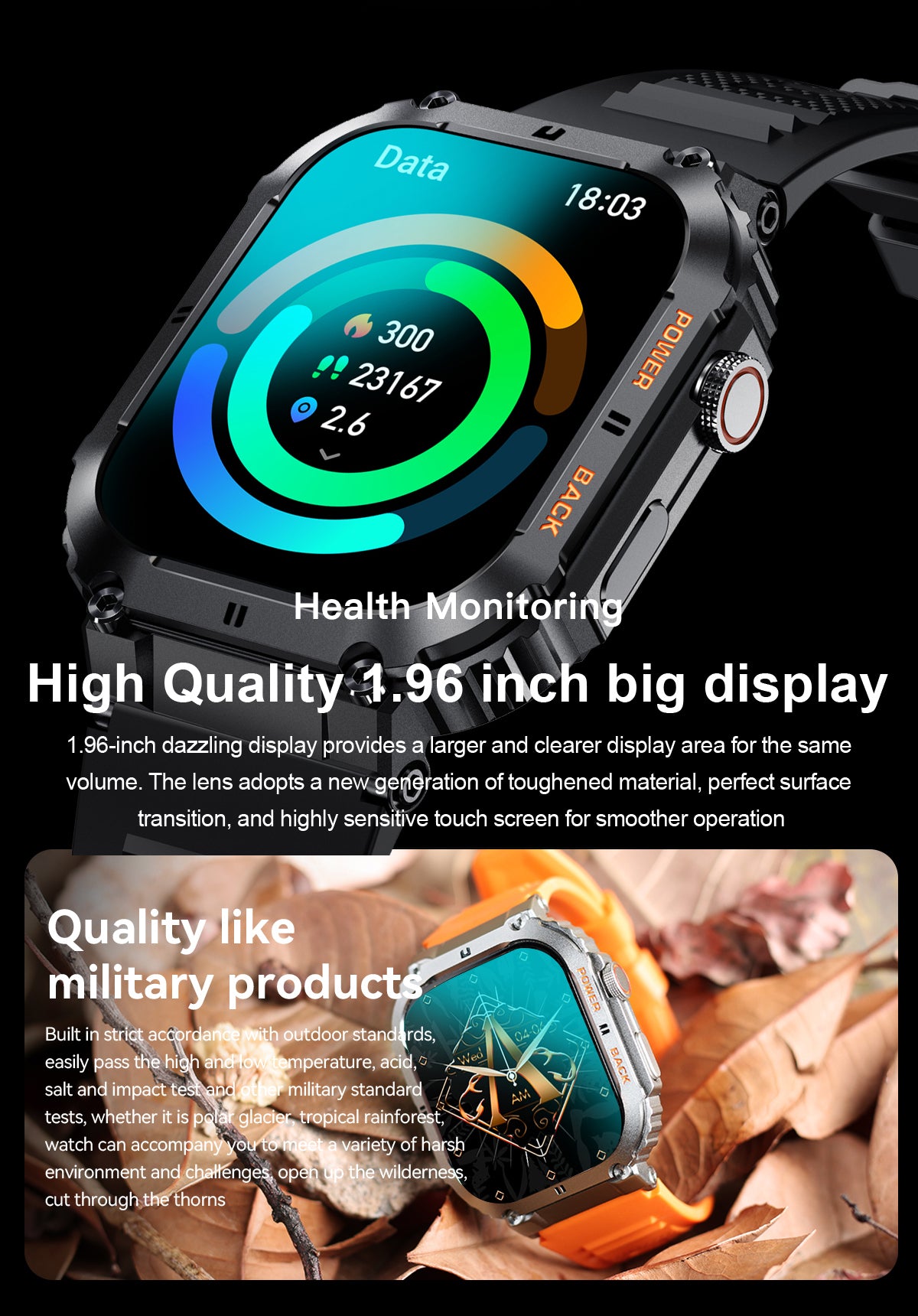 TOXIYA Rugged Military Smartwatch Android/iPhone Fitness Tracker