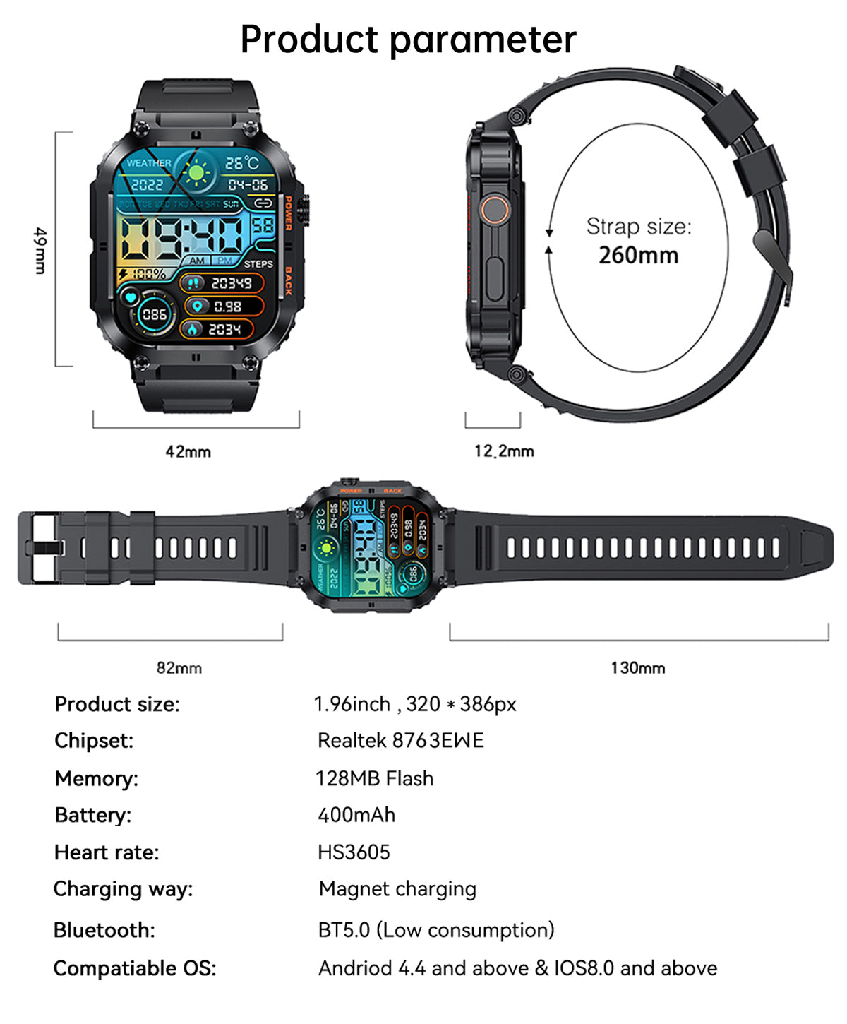 TOXIYA Rugged Military Smartwatch Android/iPhone Fitness Tracker