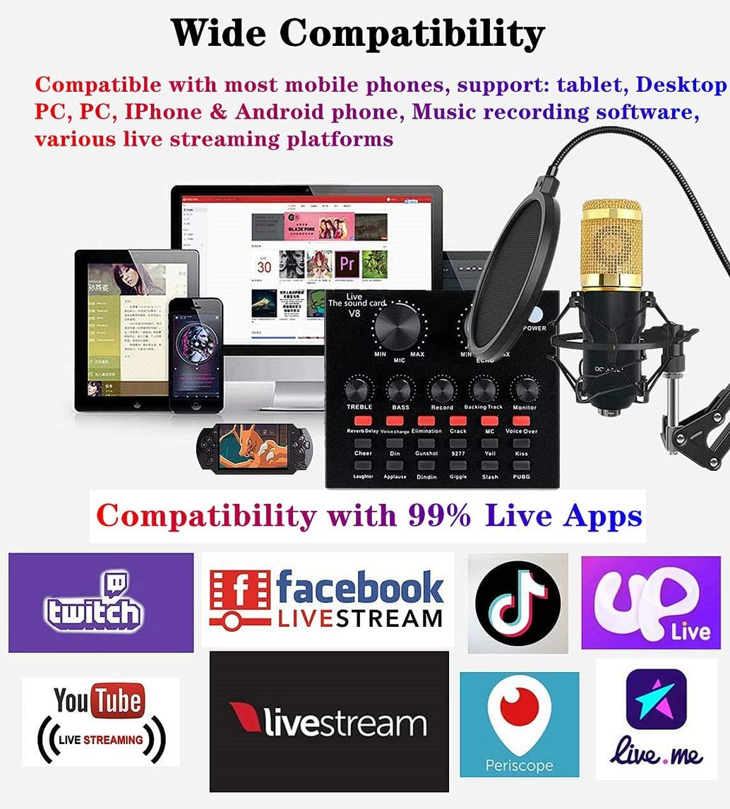Podcast Equipment Bundle, BM-800 Mic Kit with V8 Live Sound Card