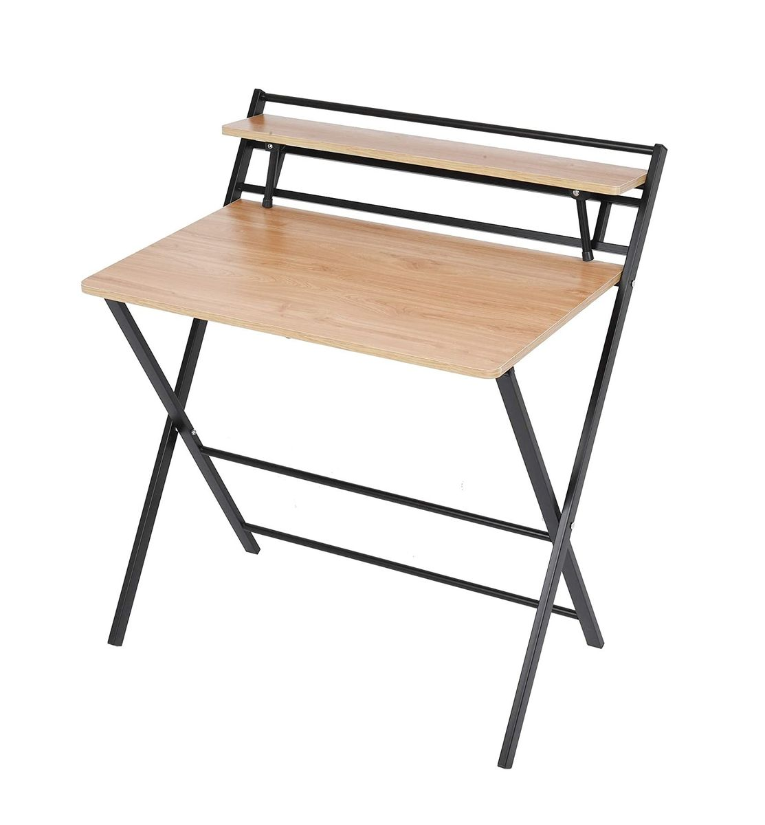 2 Tier Folding Study Desk Table & Gaming/Computer Workstation - brown and black