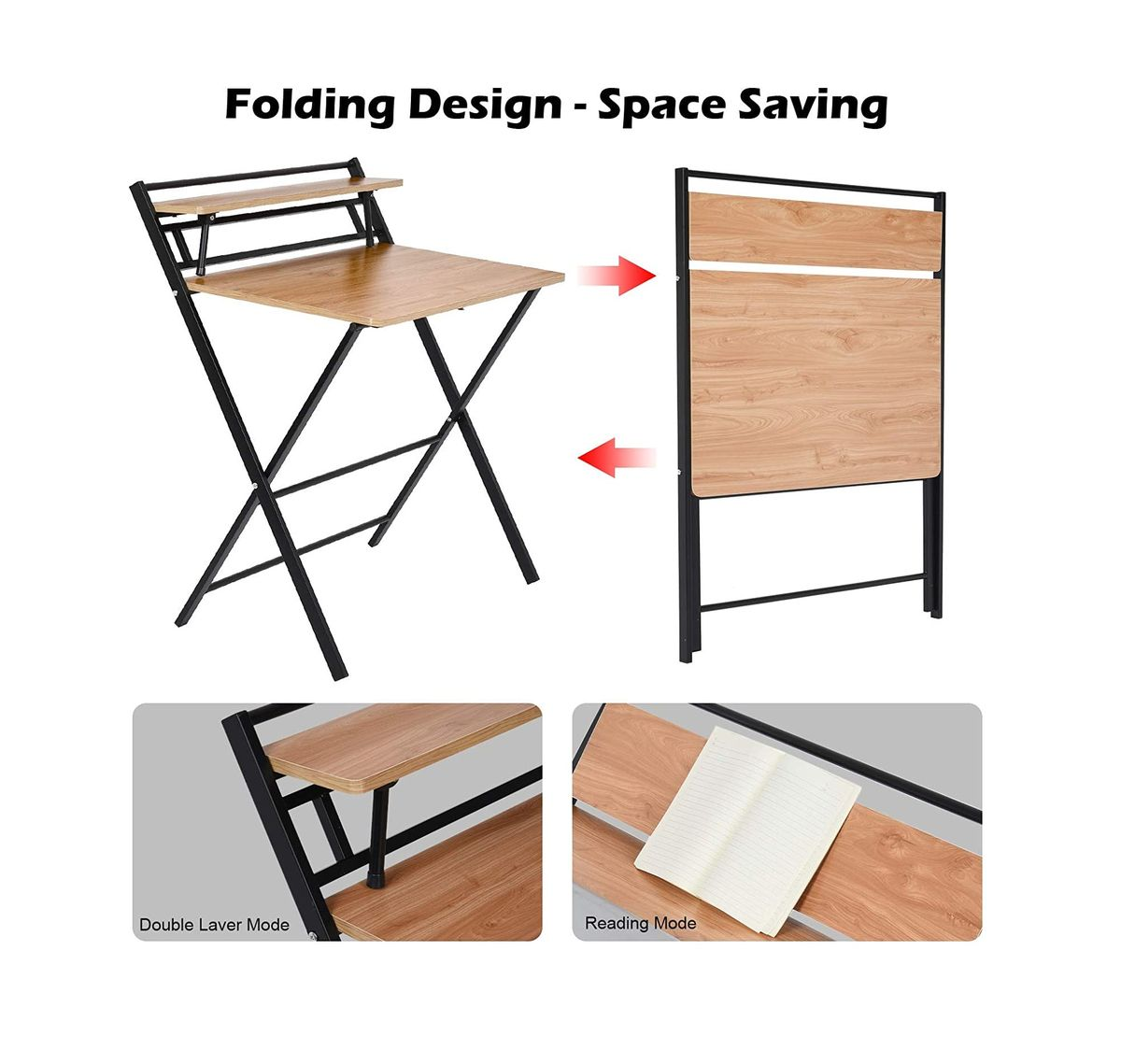 2 Tier Folding Study Desk Table & Gaming/Computer Workstation - brown and black