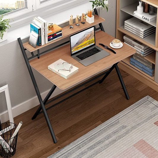 2 Tier Folding Study Desk Table & Gaming/Computer Workstation - brown and black