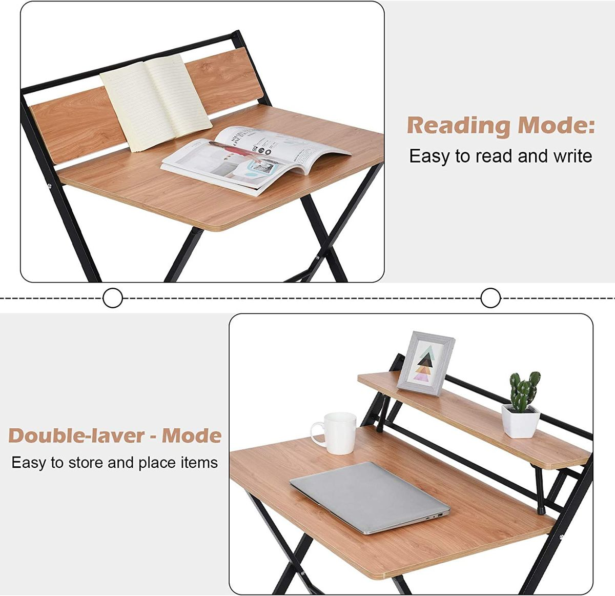 2 Tier Folding Study Desk Table & Gaming/Computer Workstation - brown and black