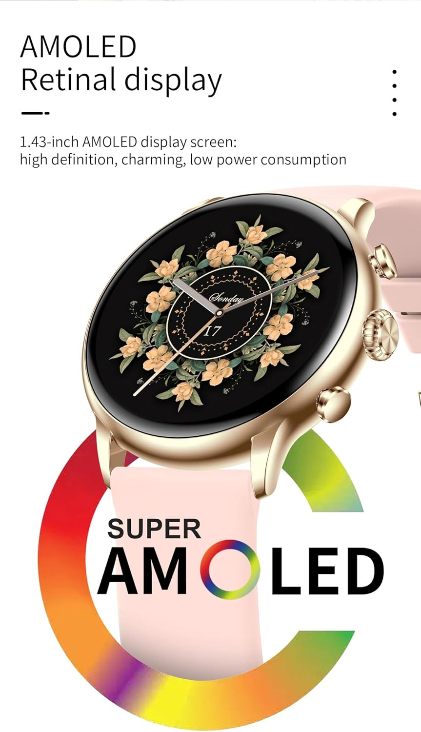 TOXIYA - Bluetooth Smart Watch AMOLED 1.43" Touch Scree - Interchangeable strap (leather/iron)