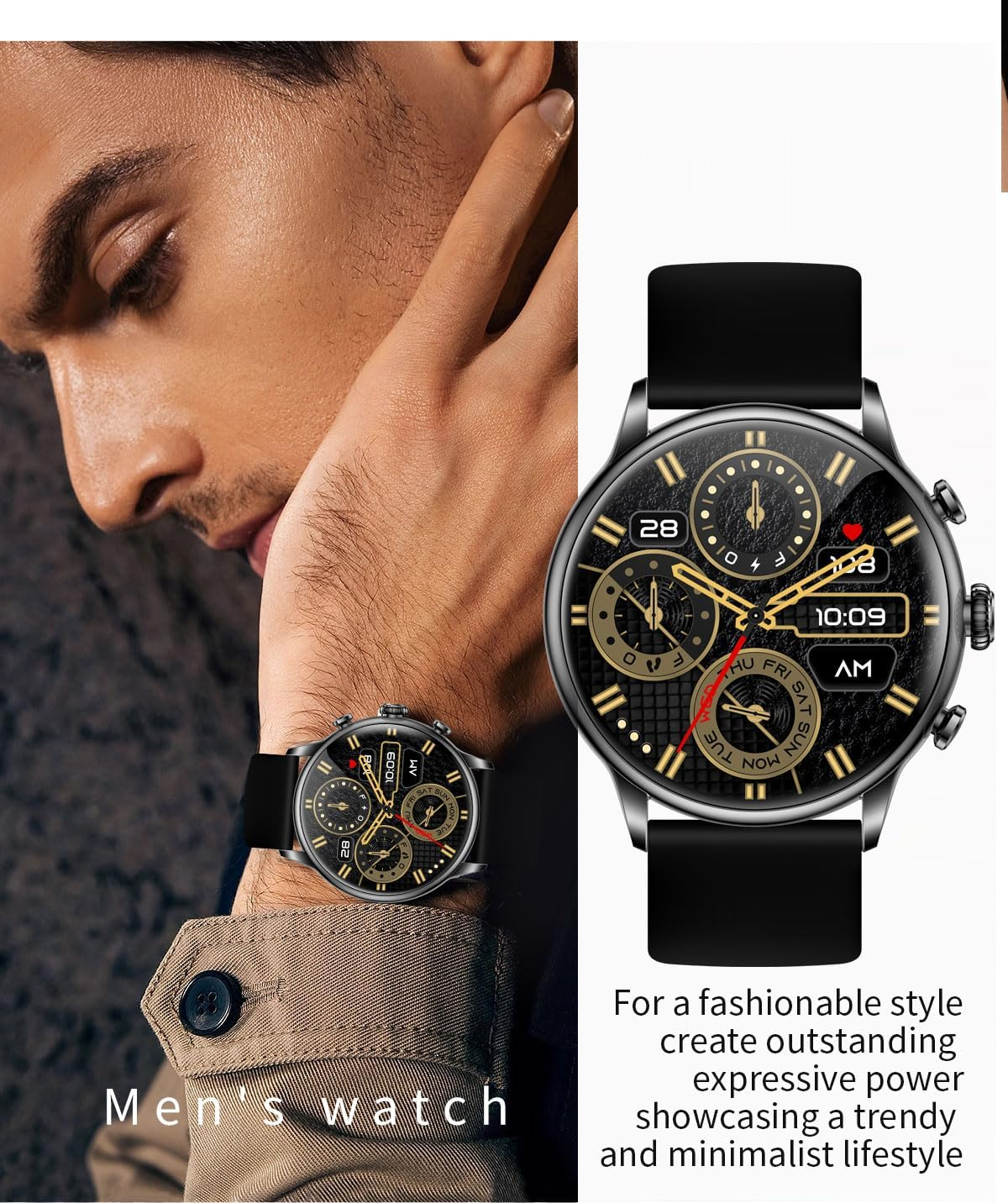 TOXIYA - Bluetooth Smart Watch AMOLED 1.43" Touch Scree - Interchangeable strap (leather/iron)