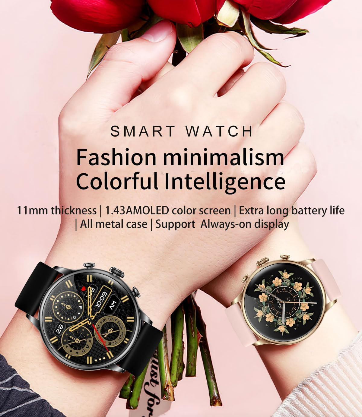 TOXIYA - Bluetooth Smart Watch AMOLED 1.43" Touch Scree - Interchangeable strap (leather/iron)