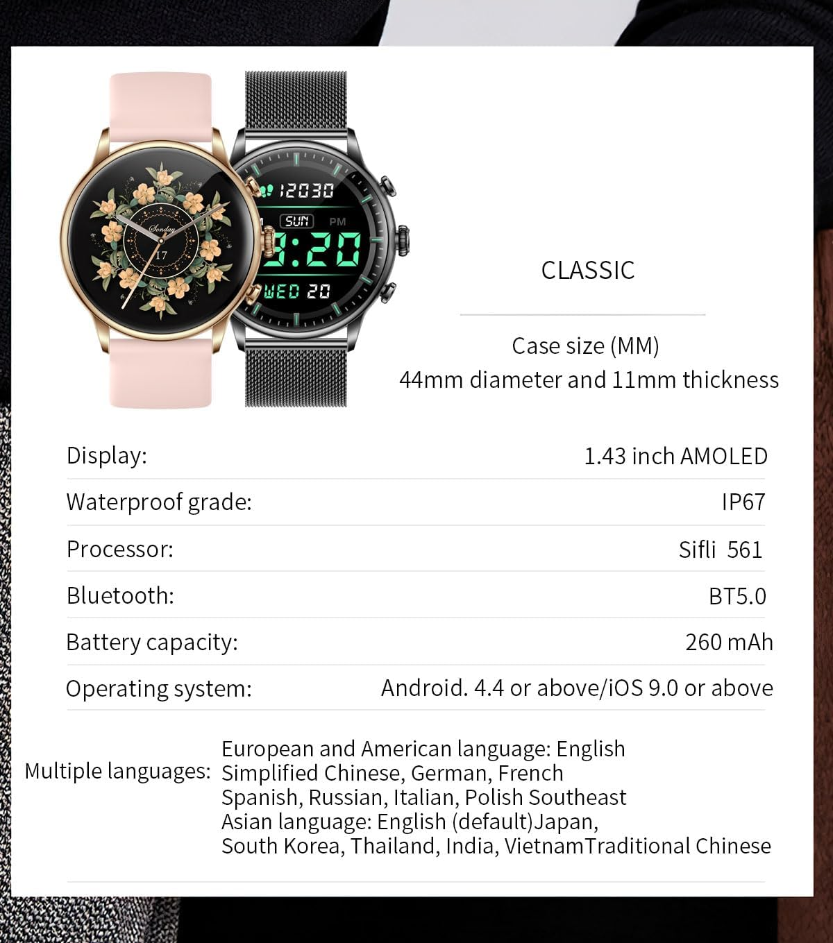 TOXIYA - Bluetooth Smart Watch AMOLED 1.43" Touch Scree - Interchangeable strap (leather/iron)
