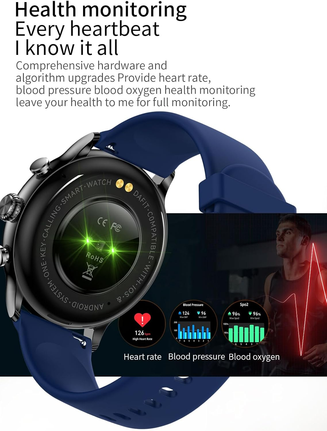 TOXIYA - Bluetooth Smart Watch AMOLED 1.43" Touch Scree - Interchangeable strap (leather/iron)