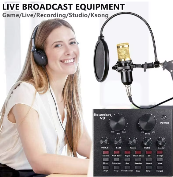 Podcast Equipment Bundle, BM-800 Mic Kit with V8 Live Sound Card