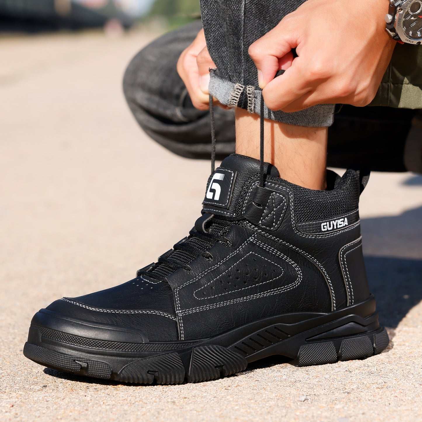GUYISA safety shoes work shoes men's steel toe boots waterproof high black