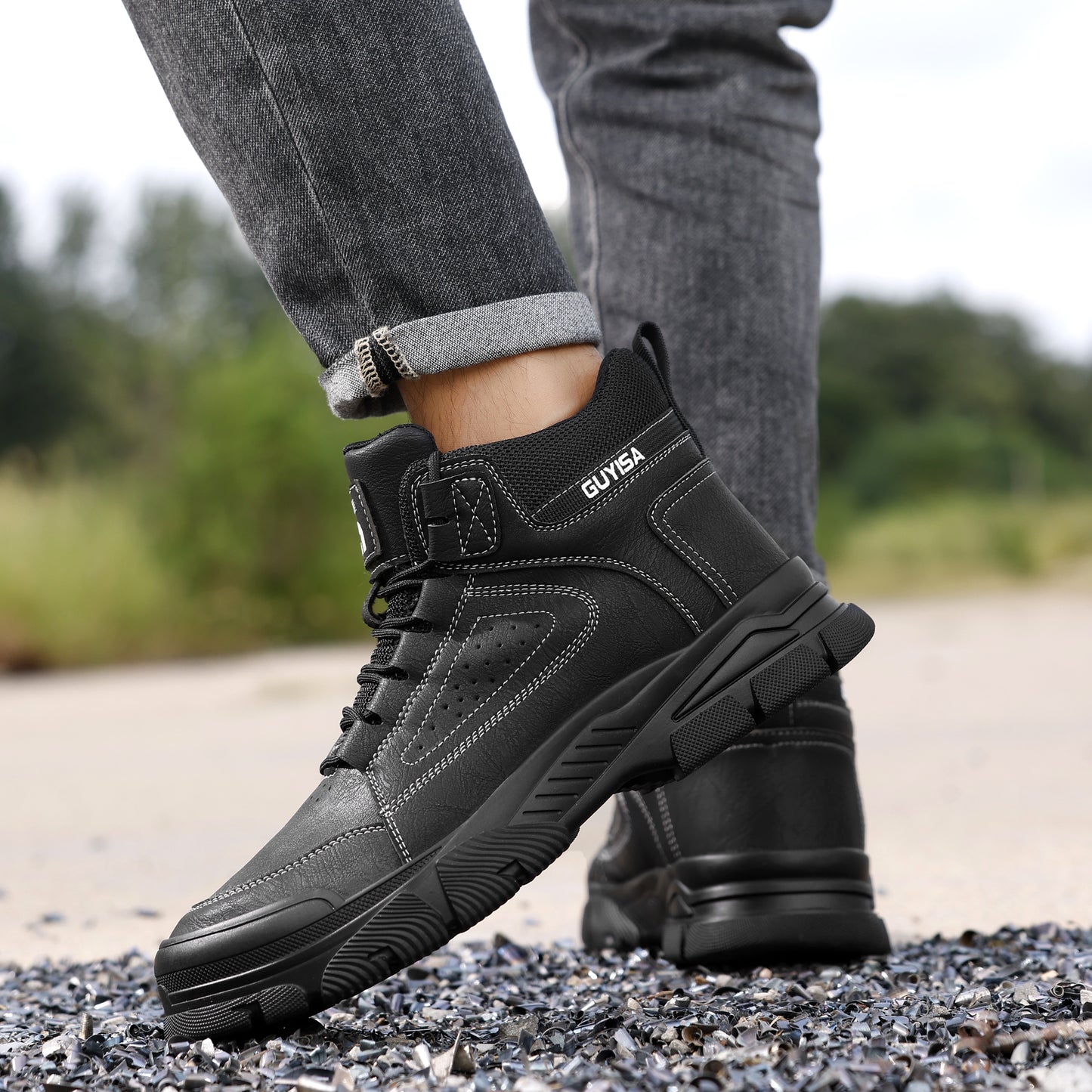 GUYISA safety shoes work shoes men's steel toe boots waterproof high black