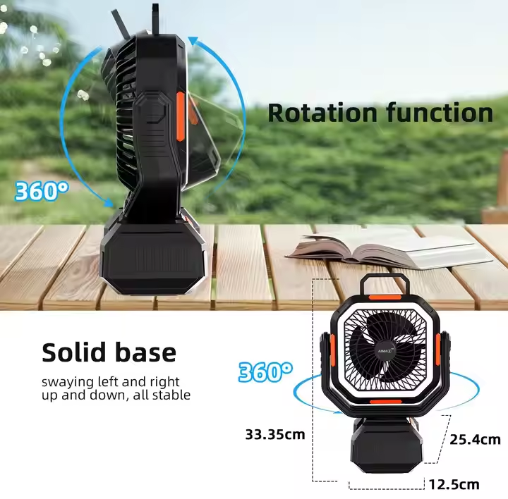 AIMAX 40000mAh high-power tower fan with LED light, 4 wind speed settings, and 360° rotation.