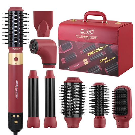 ENZO 8-in-1 Detachable Electric Hot Air Comb Set, Model EN-6223, Red