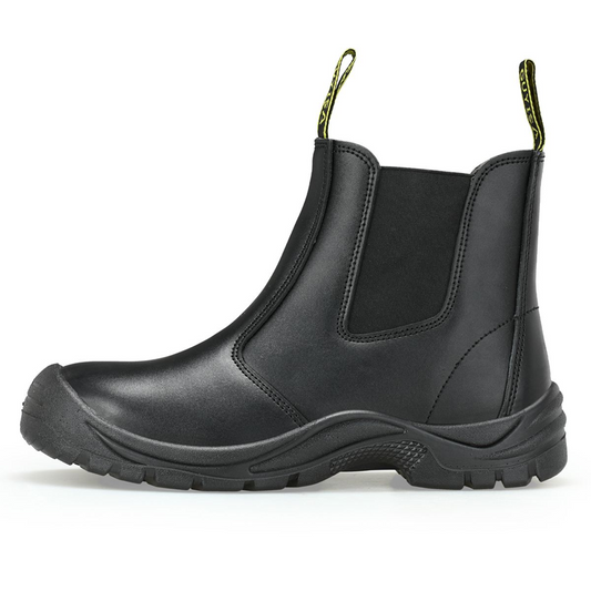 GUYISA slip-on steel toe safety boots, black leather Chelsea style work boots