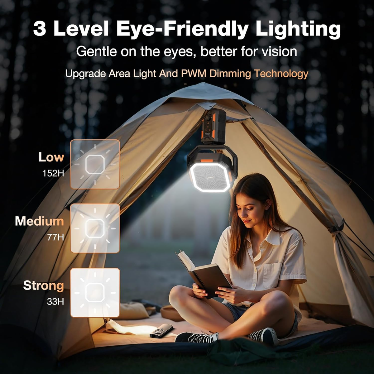 AIMAX Multi-functional portable camping fan with LED light and adjustable tripod.