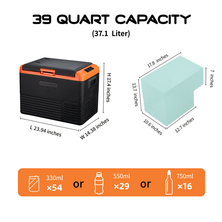 Alpicool Portable Car Freezer, 12 Volt Refrigerator,30L/ 40L/50L Fast Cooling 12V Car Fridge, Car Cooler for RV, Truck, Camping, Outdoor -12/24V DC and 100-240V AC (Black & Orange)