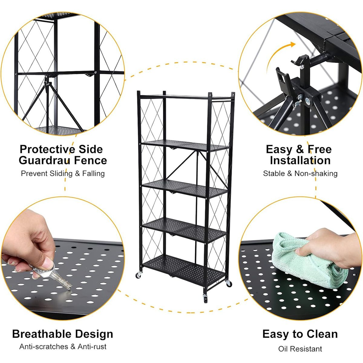 Multi Tier Foldable Storage Rack Tier Folding Kitchen Rack Unit with Wheel - Five Layers