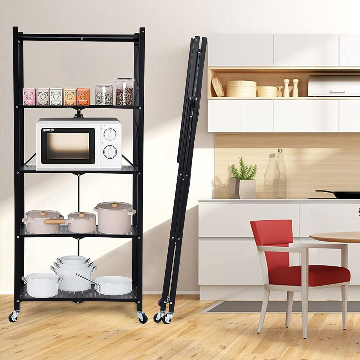 Multi Tier Foldable Storage Rack Tier Folding Kitchen Rack Unit with Wheel - Five Layers
