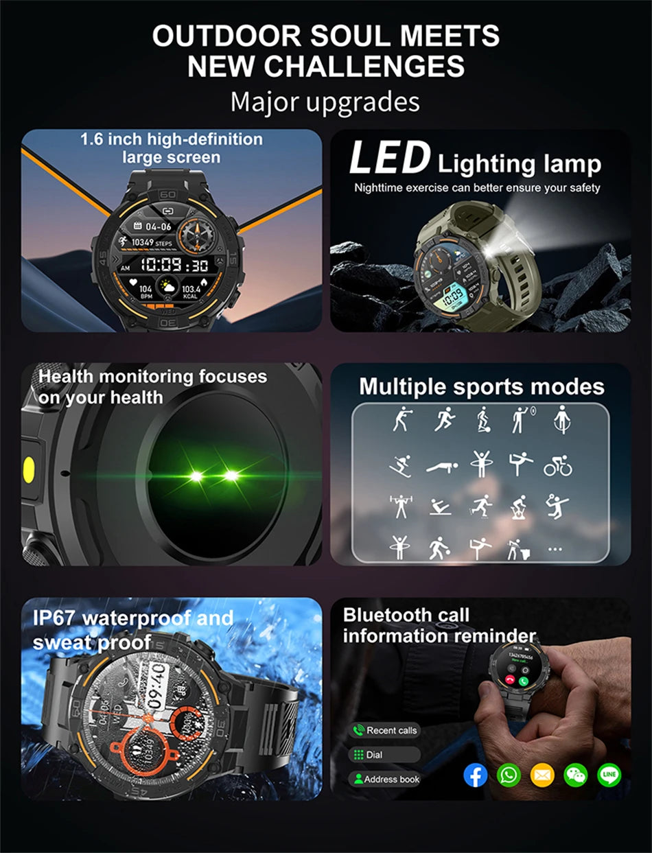 TOXIYA Outdoor Military Rugged Smartwatch Men GPS Sports Fitness Waterproof Watch Bluetooth Call with LED Lights