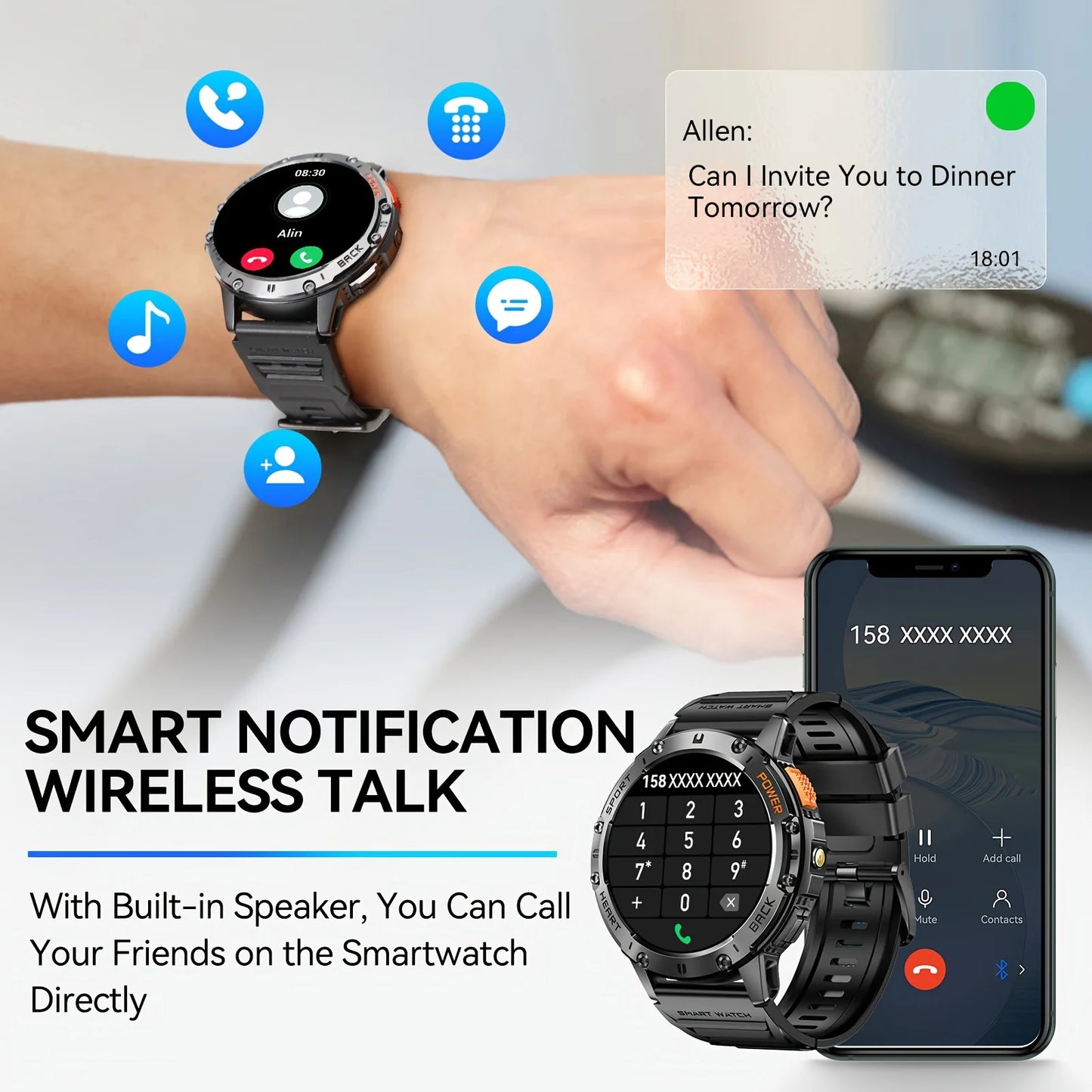 TOXIYA Military 1.43 inch Smart Watch (Answer/Dial Calls)100+Sports Modes,5ATM Waterproof Fitness Watch with Flashlight,Heart Rate,SpO2,Blood Pressure for Android/iOS