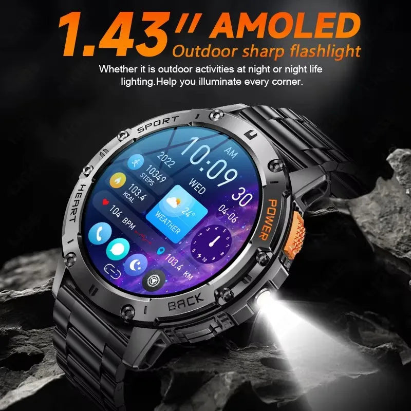 TOXIYA Military 1.43 inch Smart Watch (Answer/Dial Calls)100+Sports Modes,5ATM Waterproof Fitness Watch with Flashlight,Heart Rate,SpO2,Blood Pressure for Android/iOS