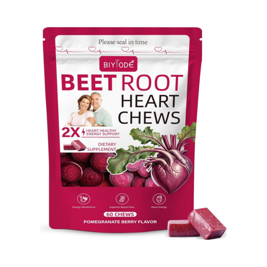 BIYODE Beet Root Chews Supplement: 700mg Beet Root Powder 250mg Grape Seed Extract Heart Healthy Support Blood Nitric Oxide Support Antioxidant Pomegranate Berry Flavor Low Sugar Non-GMO 60 Chews