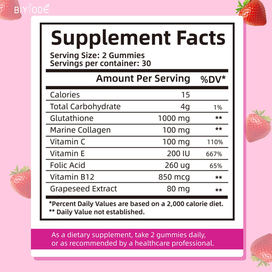 BIYODE Sugar-free Glutathione Gummies, Whitening and Brightening Skin, Hair, Nails and Bone Health, 60 Gummies