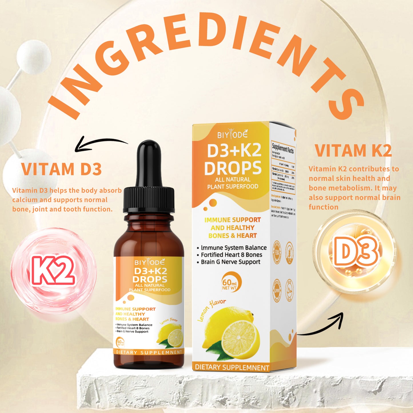 BIYODE Vitamin D3 K2 Liquid Drops Immune Support and Healthy Bones Heart Immune System Balance Fortified Heart Bones Brain Nerve Support 60ml Net Wt Lemom Flavors