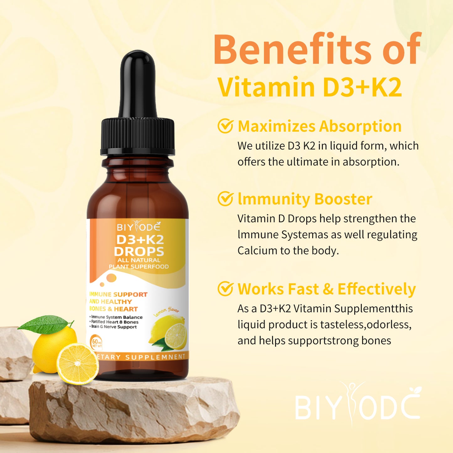 BIYODE Vitamin D3 K2 Liquid Drops Immune Support and Healthy Bones Heart Immune System Balance Fortified Heart Bones Brain Nerve Support 60ml Net Wt Lemom Flavors