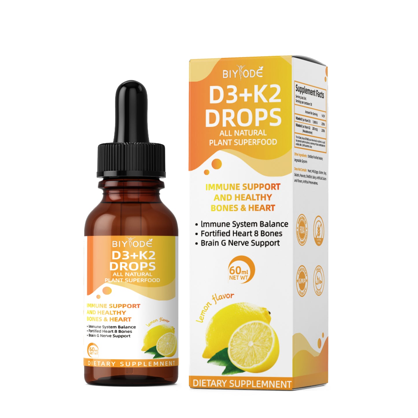 BIYODE Vitamin D3 K2 Liquid Drops Immune Support and Healthy Bones Heart Immune System Balance Fortified Heart Bones Brain Nerve Support 60ml Net Wt Lemom Flavors