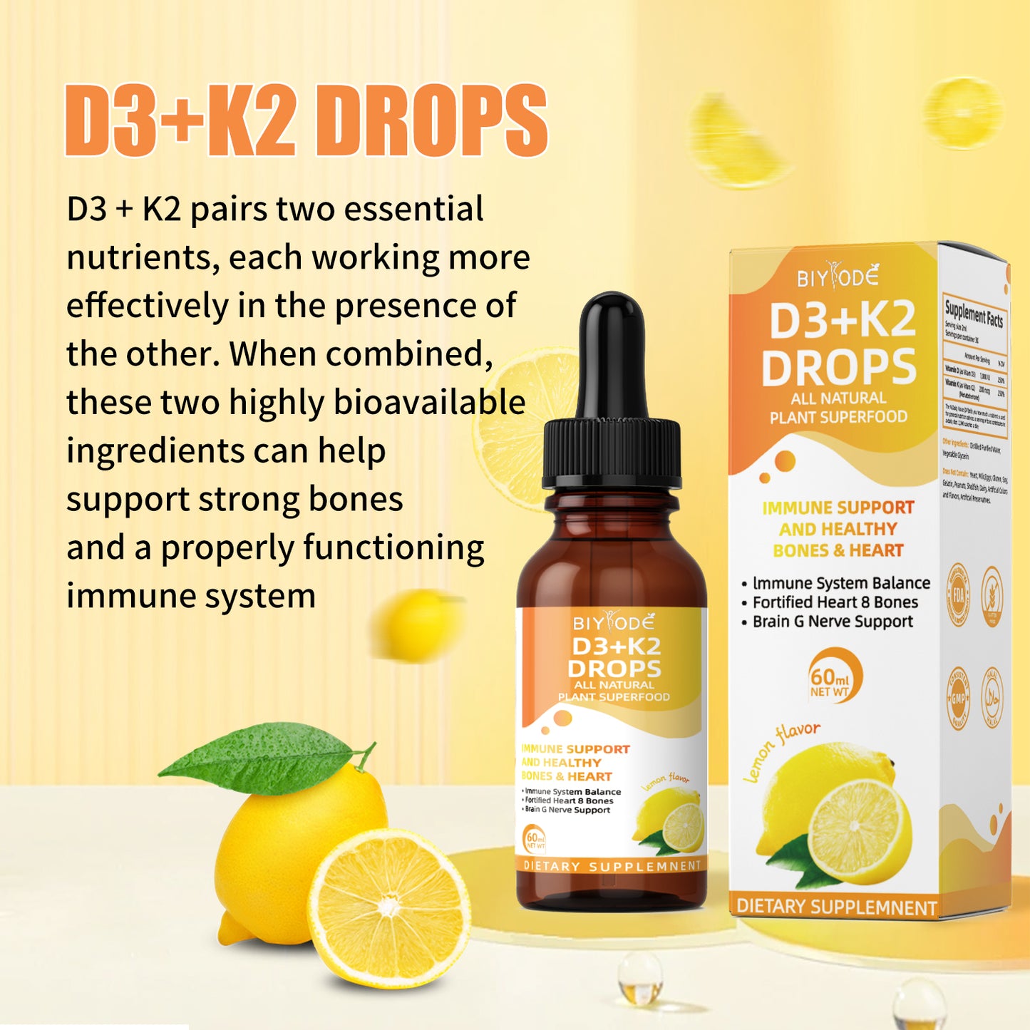 BIYODE Vitamin D3 K2 Liquid Drops Immune Support and Healthy Bones Heart Immune System Balance Fortified Heart Bones Brain Nerve Support 60ml Net Wt Lemom Flavors