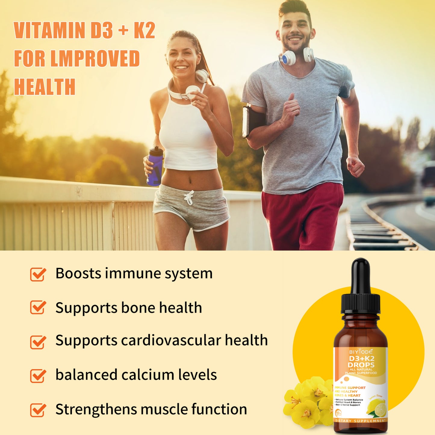 BIYODE Vitamin D3 K2 Liquid Drops Immune Support and Healthy Bones Heart Immune System Balance Fortified Heart Bones Brain Nerve Support 60ml Net Wt Lemom Flavors
