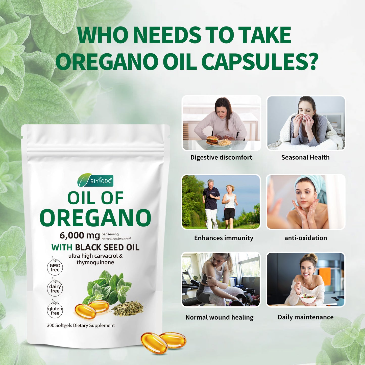 BIYODE ZWQITDS Oil of Oregano with Black Seed Oil, 2-in-1 Oil of Oregano Softgels 6,000mg,Oregano Oil Supplement ,300 Softgel,Non-GMO & Immune Support Oil of Oregano Softgels