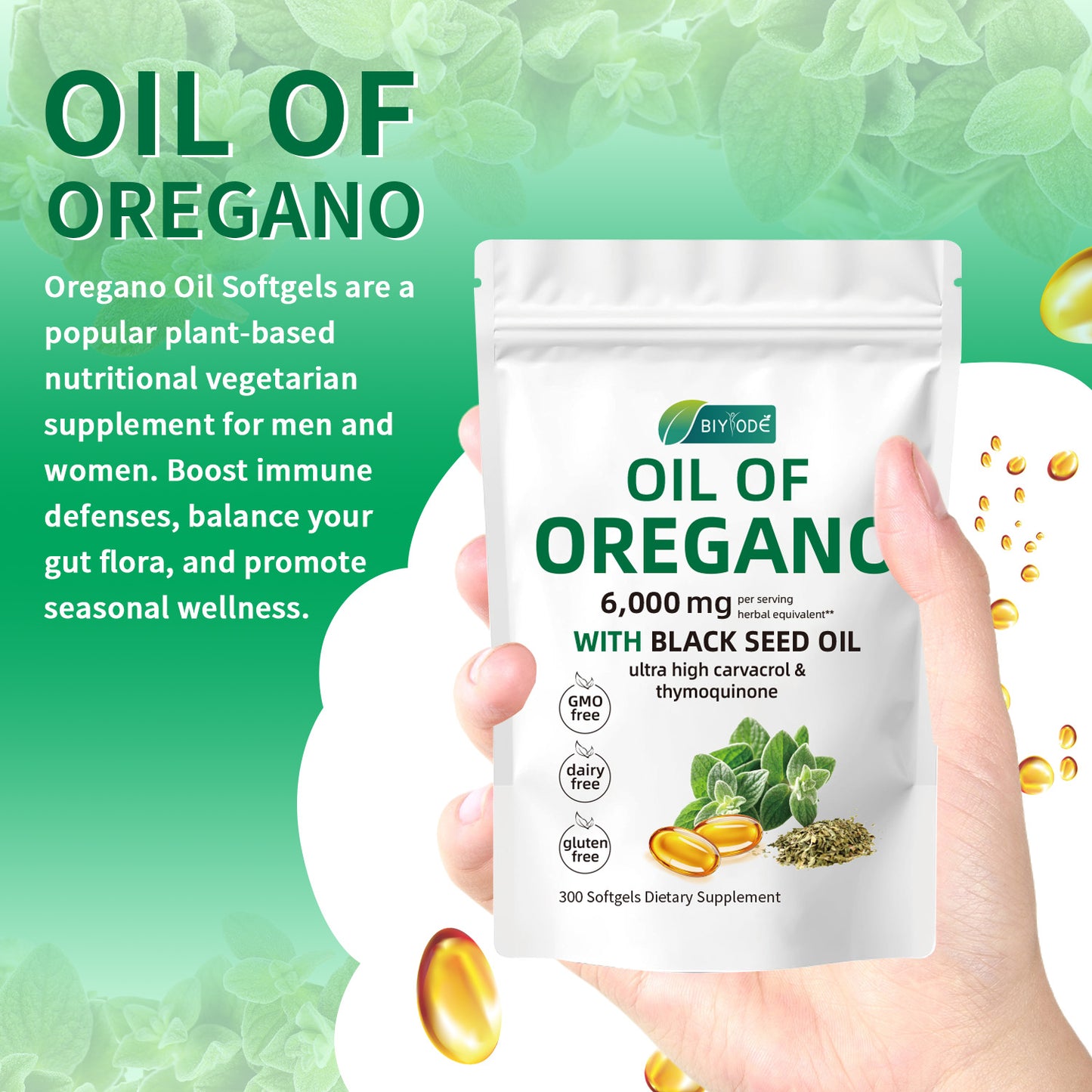 BIYODE ZWQITDS Oil of Oregano with Black Seed Oil, 2-in-1 Oil of Oregano Softgels 6,000mg,Oregano Oil Supplement ,300 Softgel,Non-GMO & Immune Support Oil of Oregano Softgels