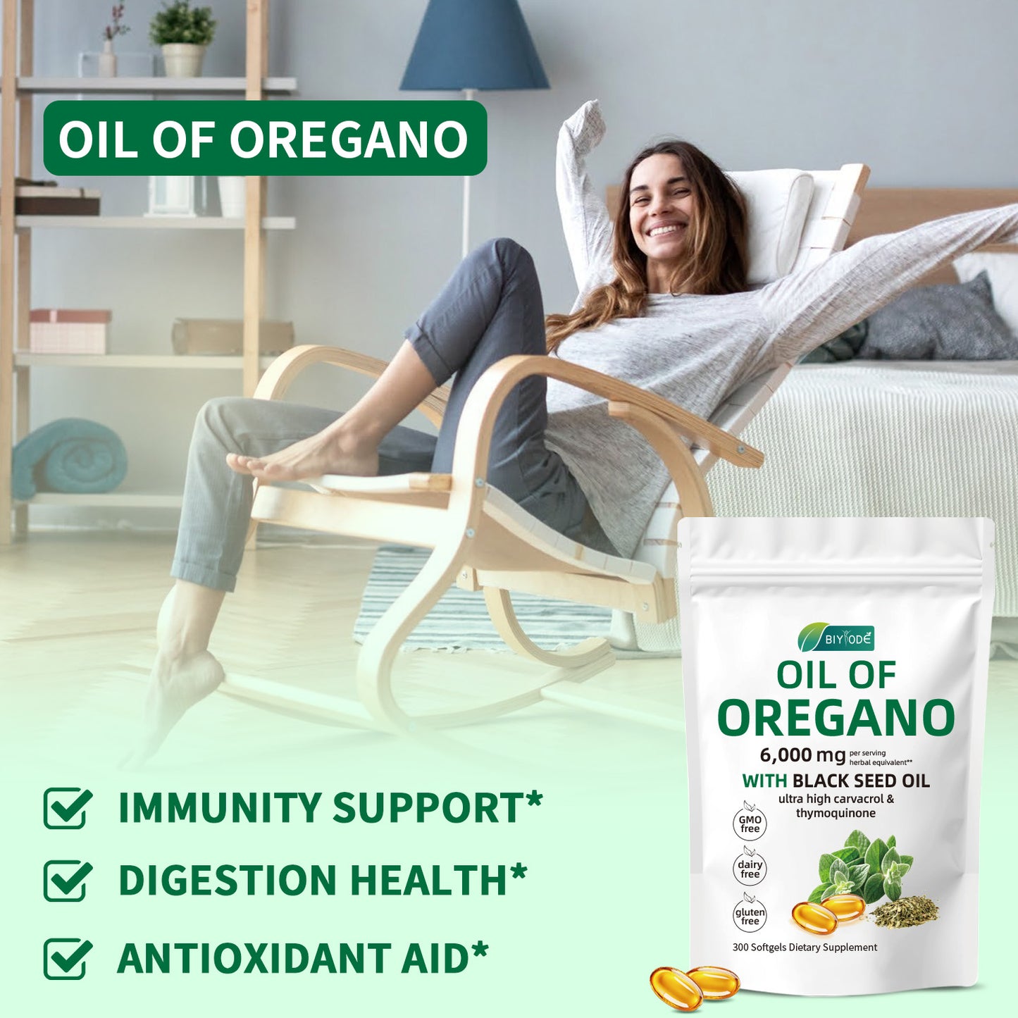 BIYODE ZWQITDS Oil of Oregano with Black Seed Oil, 2-in-1 Oil of Oregano Softgels 6,000mg,Oregano Oil Supplement ,300 Softgel,Non-GMO & Immune Support Oil of Oregano Softgels