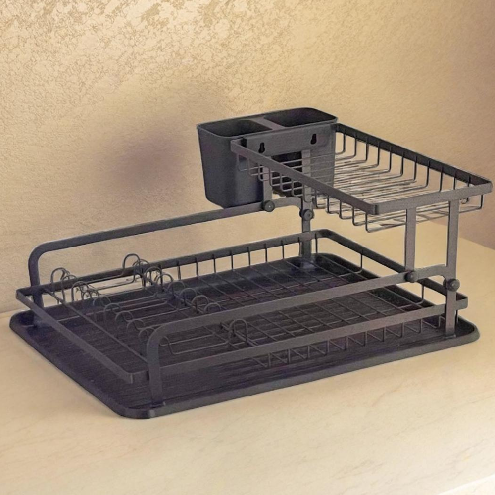 2-Tier Dish Drying Rack with Utensil Holder - Black