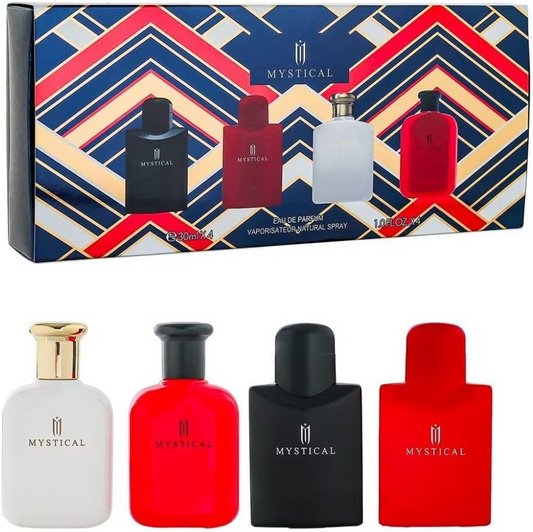Mysterious blue and red perfume gift set. Portable and elegant bottle design meets travel standards