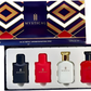 Mysterious blue and red perfume gift set. Portable and elegant bottle design meets travel standards