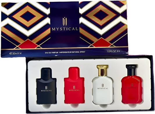 Mysterious blue and red perfume gift set. Portable and elegant bottle design meets travel standards