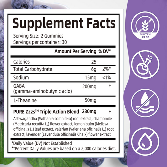 BIYODE Adult Sleep Supplement: Contains GABA, L-theanine, helps calm the brain, stabilize emotions, promote sleep, does not contain melatonin, blueberry flavor, 60 capsules