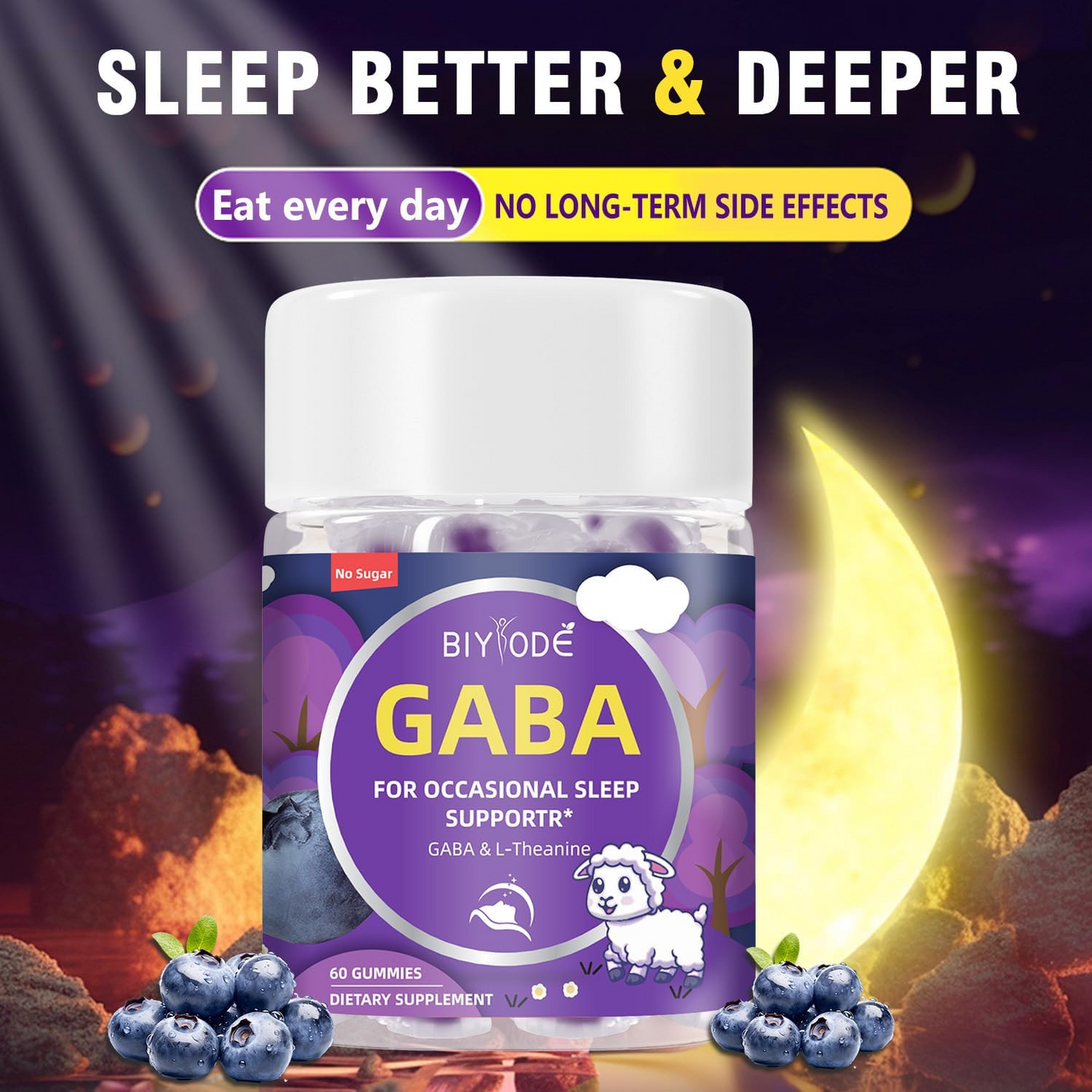 BIYODE Adult Sleep Supplement: Contains GABA, L-theanine, helps calm the brain, stabilize emotions, promote sleep, does not contain melatonin, blueberry flavor, 60 capsules