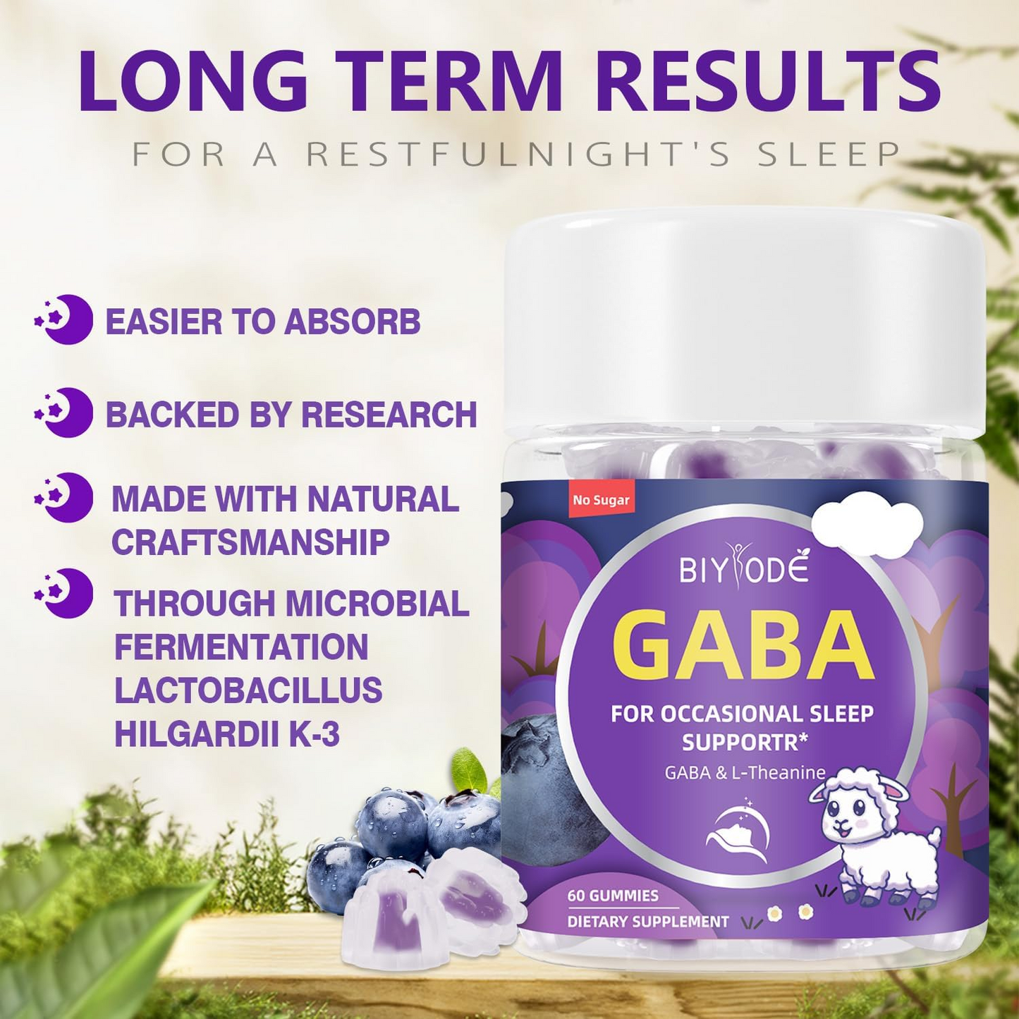 BIYODE Adult Sleep Supplement: Contains GABA, L-theanine, helps calm the brain, stabilize emotions, promote sleep, does not contain melatonin, blueberry flavor, 60 capsules