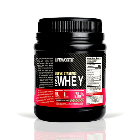 LIFEWORTH Whey Protein Powder 100% Protein Super Standard, Double Rich Chocolate. 10g Protein. 0 Sugar. Gluten Free